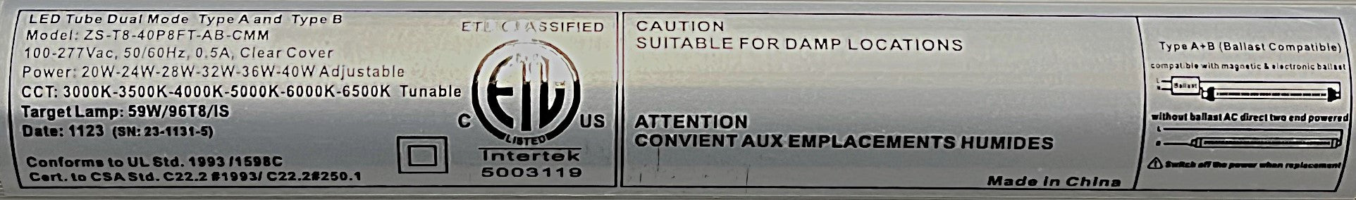 Série Tube LED T8 - 8 pieds - Couleur et puissance ajustables