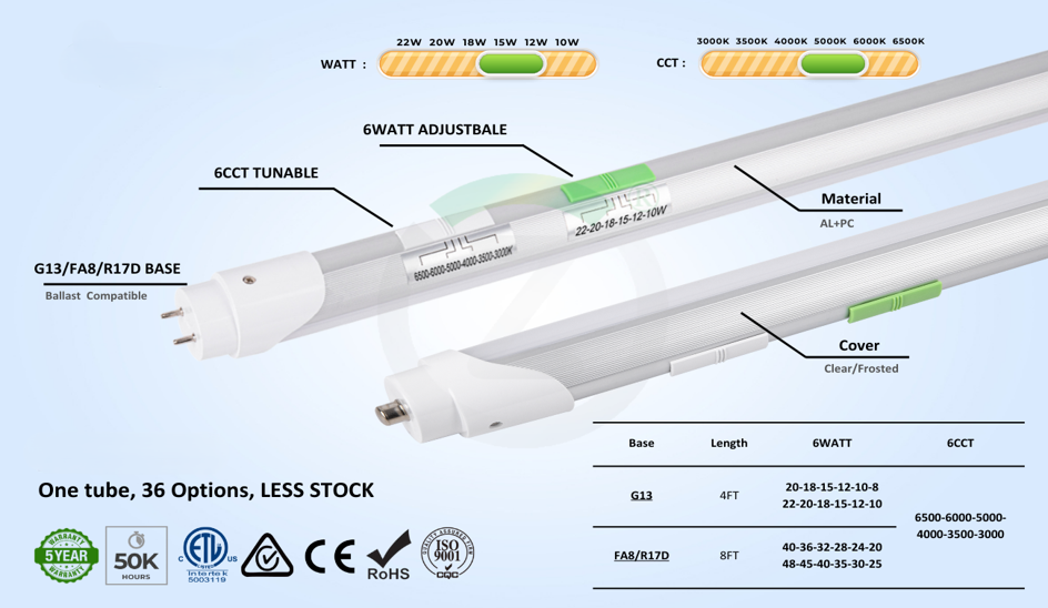 Tube LED T8 - 4 pieds - 6 Couleur et puissance ajustables
